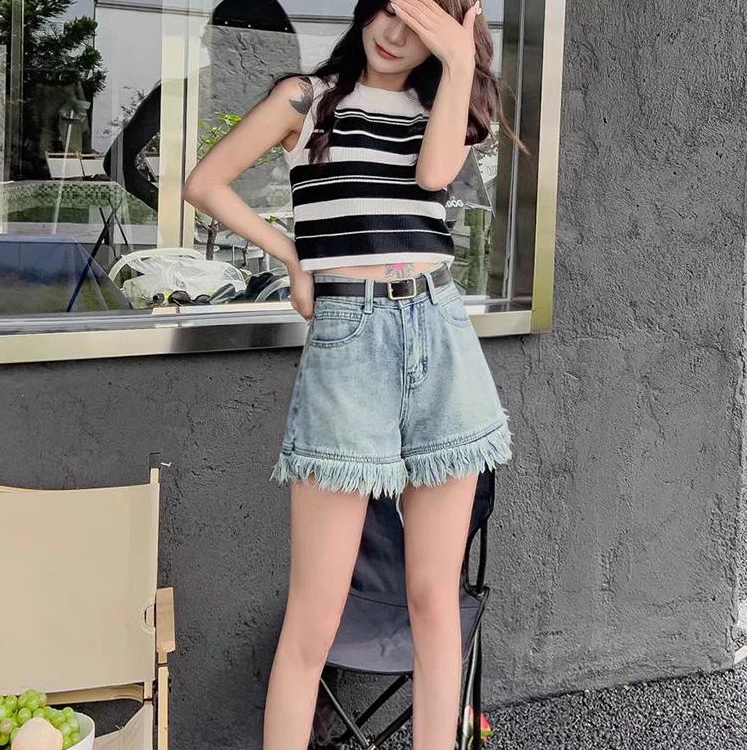 夏季新款毛边2025流苏设计阔腿牛仔民族短高腰裤显瘦热裤网红