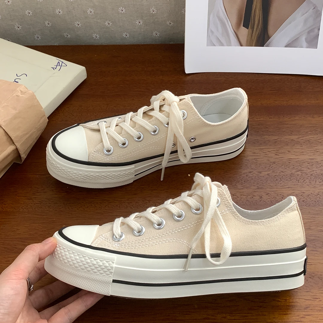 日系冈山厚底增高米色帆布鞋低帮夏女休闲鞋休闲增高运动滑板鞋子