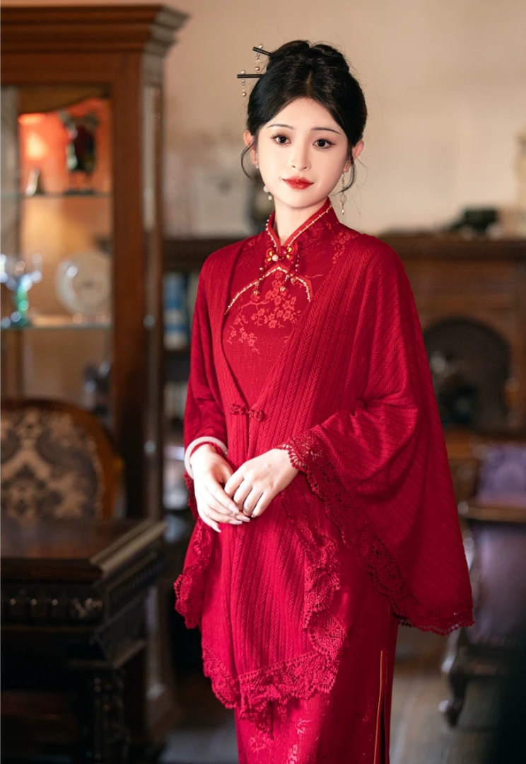 红色披肩搭配旗袍敬酒服新娘外搭针织开衫外套遮肉显瘦中国风喜庆