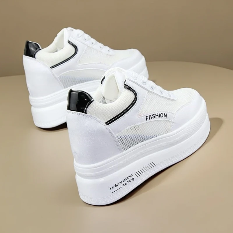 超高跟10cm网面透气内增高小白鞋夏季新款时尚女鞋百搭厚底休闲鞋