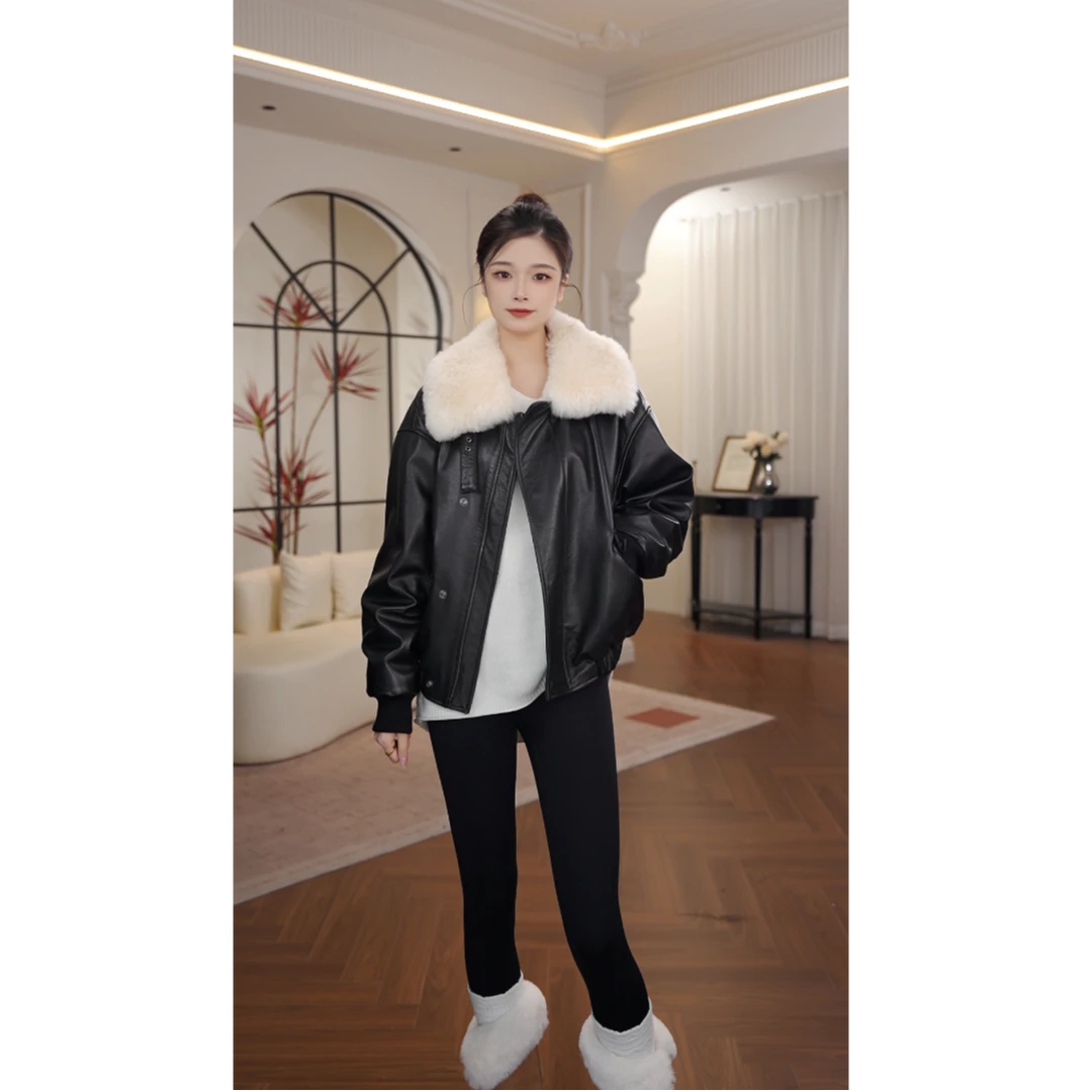 2025进口头层皮泡皮小羊皮山羊绒毛领设计时髦女皮鹅绒