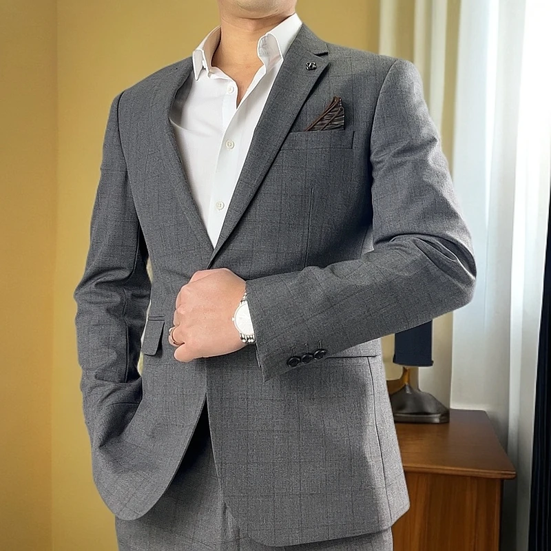 修身韩版男士时尚休闲结婚灰色商务英伦婚礼潮流简约格纹高定西装