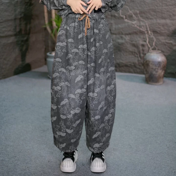 【提花牛仔裤】秋款大码复古百搭休闲长裤宽松显瘦女装裤子