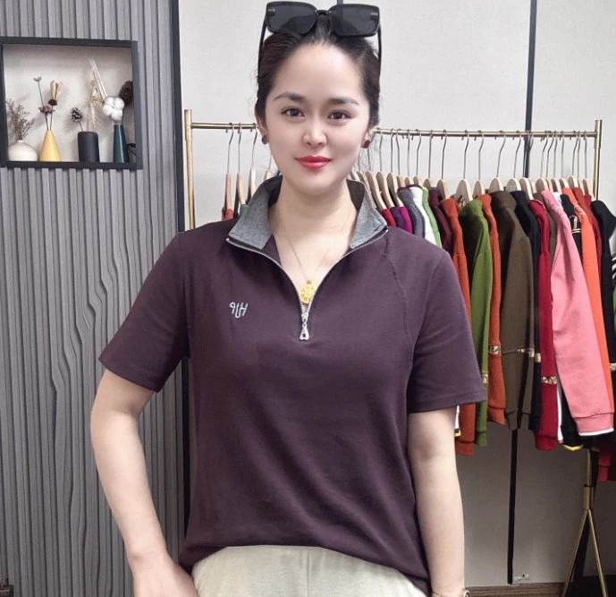 翻领短袖T恤女2025夏季新款刺绣宽松显瘦外穿时尚妈妈短袖上衣