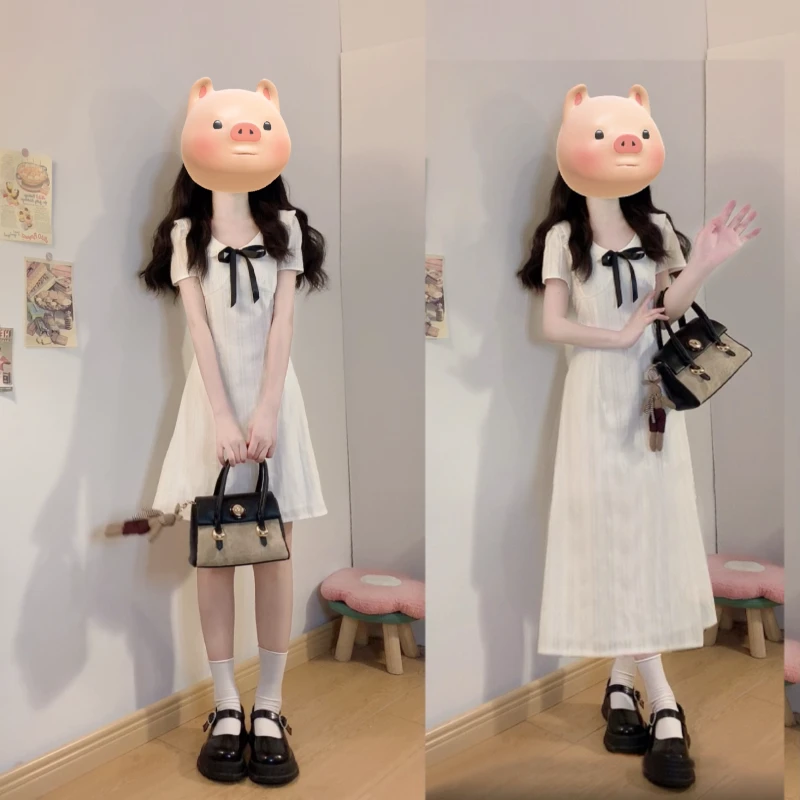 大码女装法式夏季新款气质蝴蝶结温柔白月光收腰连衣裙洋气小裙子