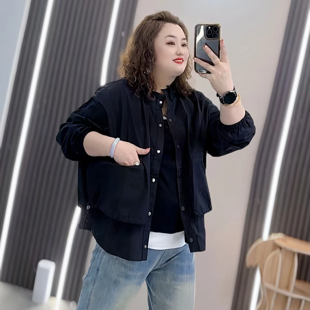 20418（丹姐家）大码女装立领底抽绳拼接底摆外套百搭显瘦上衣