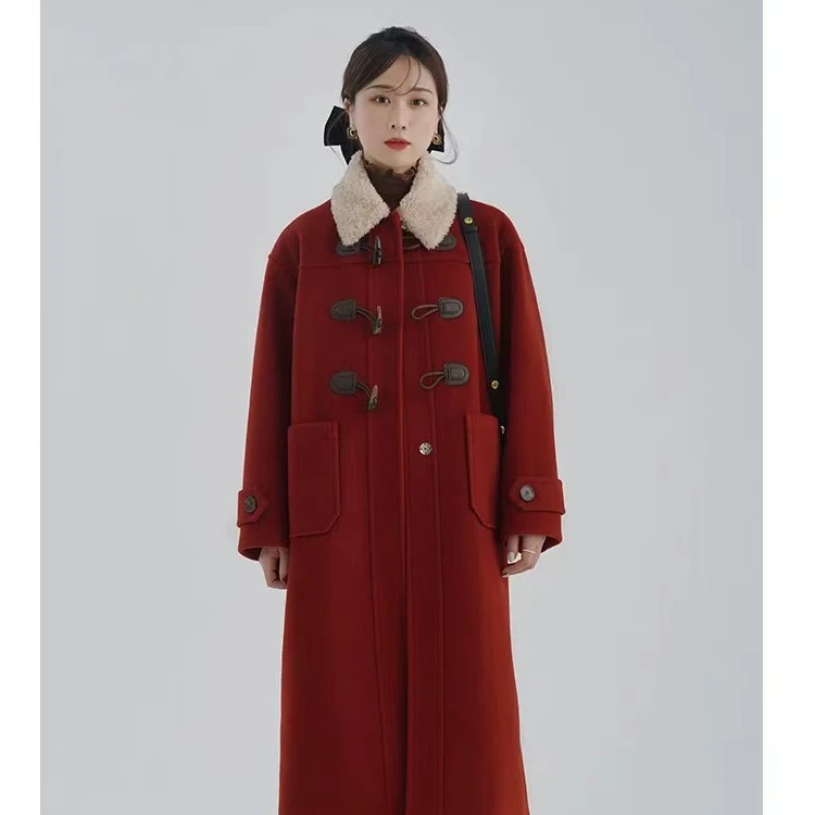 【嘉人有约】2025秋冬新款牛角扣大衣小个子气质长款夹棉毛呢外套