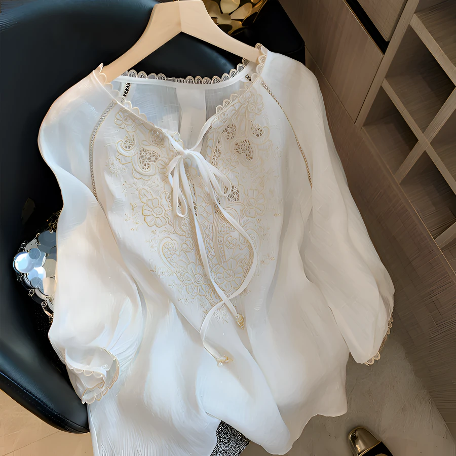法式宫廷风刺绣系带亚麻衬衫女2025秋季新款时髦洋气百搭薄款衬衣