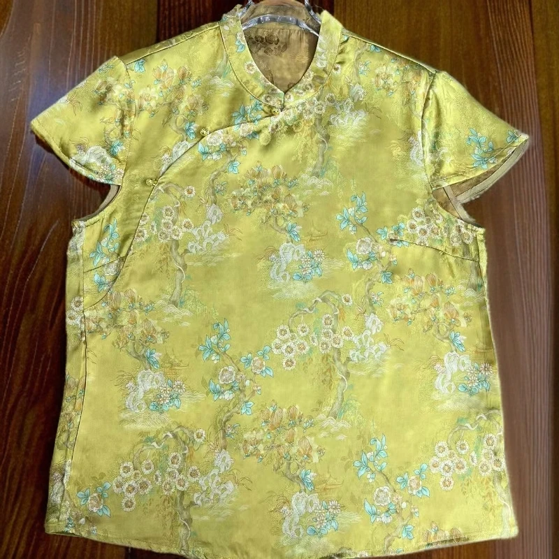 【金桃花】新中式重磅香云女士夏季斜襟立领刻花宽松显瘦高级感短袖