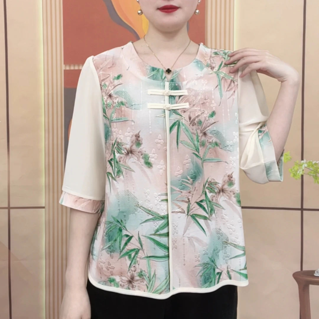 妈妈中式夏装新款宽松洋气时尚遮肉中老年小衫夏季七分袖T恤上衣