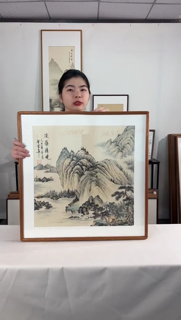 国画手绘*溪岭清晓*62*62cm发黑胡桃色框*介意勿拍