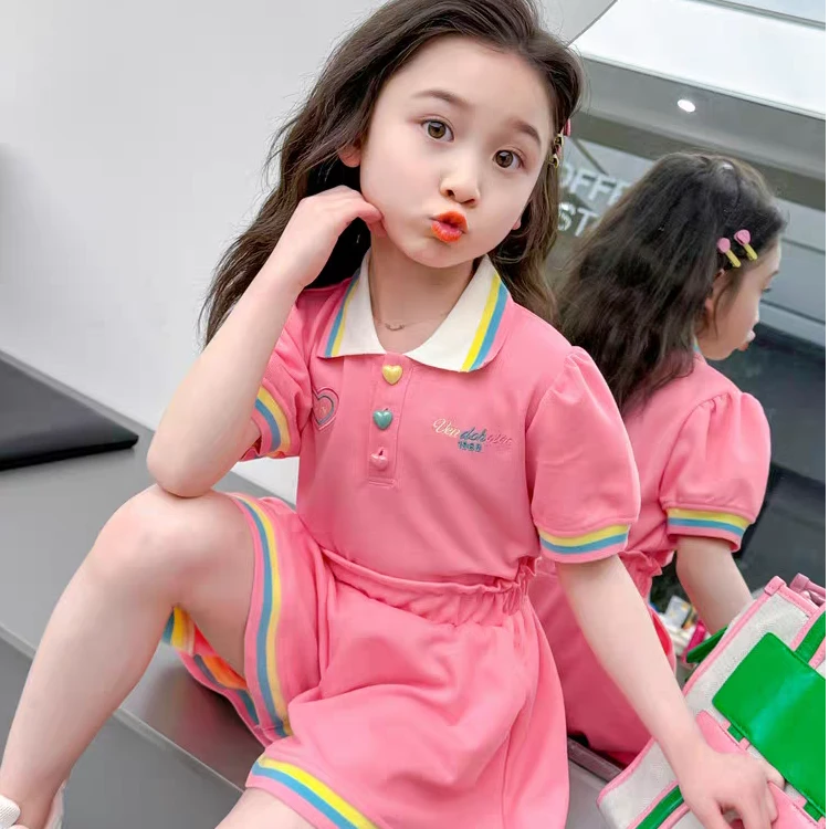 女童套装夏装2025新款儿童洋气短袖polo衫宝宝时髦短裤两件套夏季