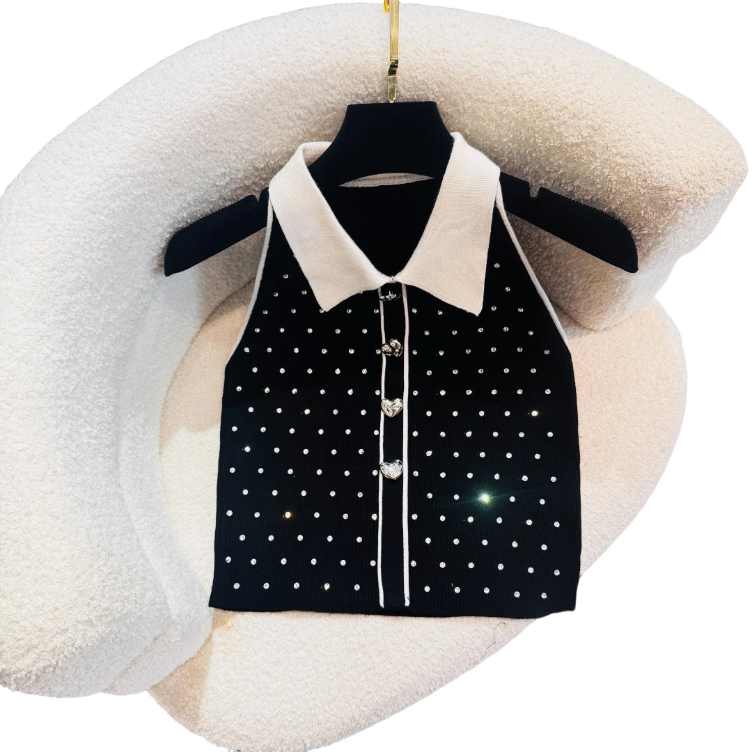 <猪猪出品>2025春夏黑色时尚烫钻翻领无袖背心876