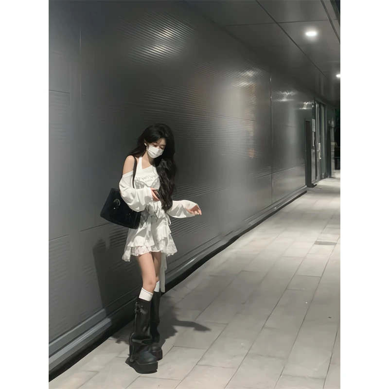 印花慵懒风罩衫T恤露肩薄款防晒服内搭吊带不规则半身裙短裙子女