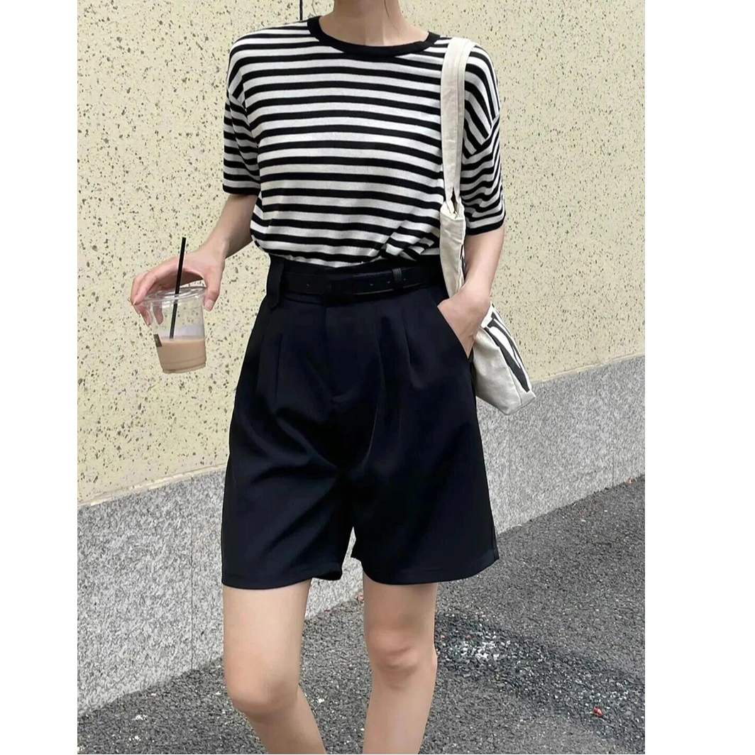 宝丫轻奢  T女式通勤简约宽松褶皱高腰西装短裤K2873