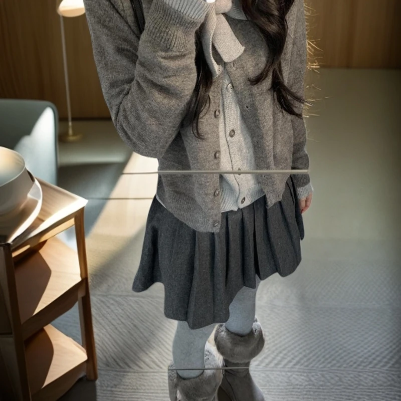 miu系穿搭灰色假两件蝴蝶结针织开衫女秋冬高级感慵懒风毛衣外套