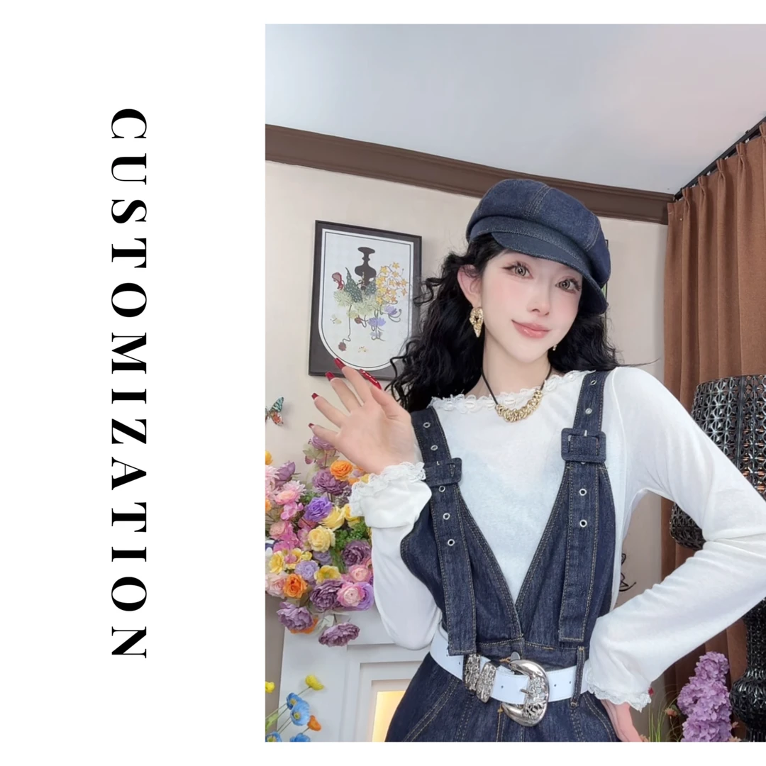 2025春季新品时尚潮牌花边长袖T气质针织轻奢休闲百搭女士圆领