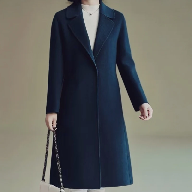 6320 秋冬时尚简约百搭气质纯色中长款双面毛呢大衣外套