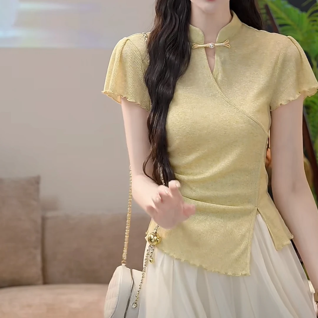 设计感国风立领盘扣不规则短袖T恤女2025夏季新款气质黄色上衣