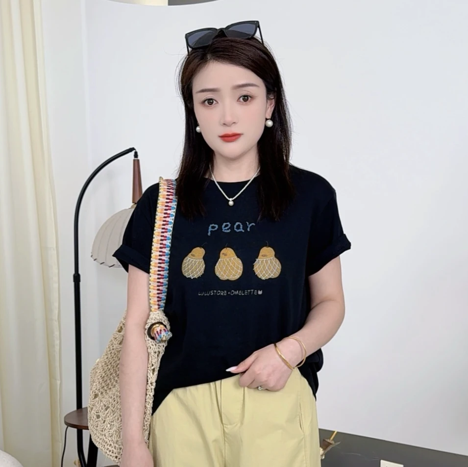 25320 丽丽--夏新款韩版显瘦雪梨印花百搭减龄休闲上衣