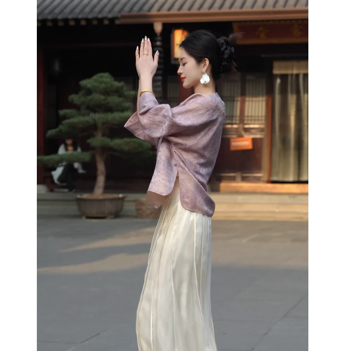 仫赐【粉蝴蝶】新中式国风七分袖挽袖上衣MCFSY0622