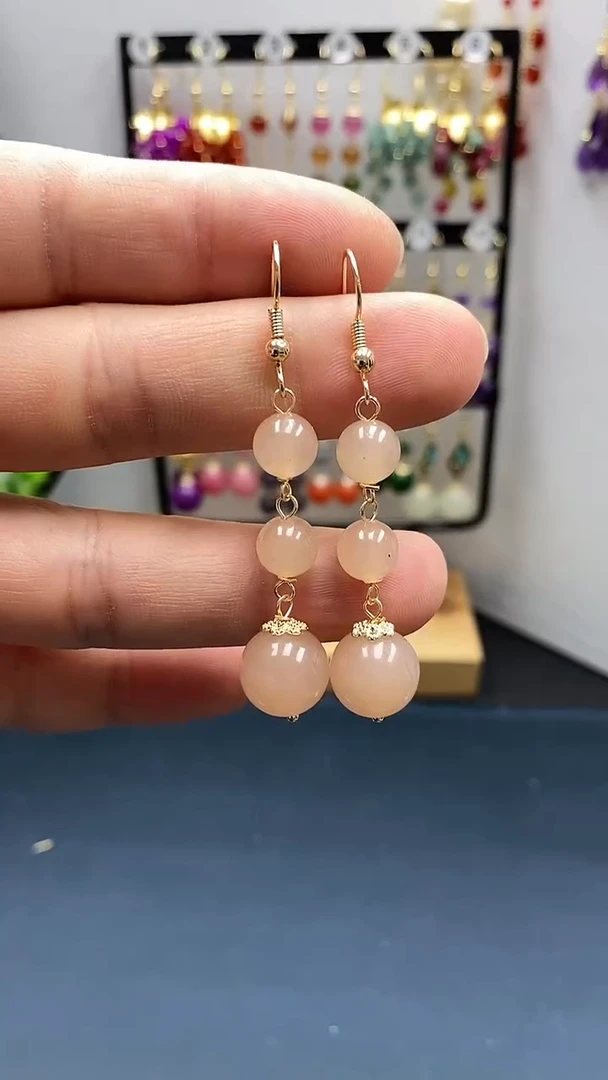 【闪购商品】和田玉耳饰银S925镀金镶嵌尺寸12mm藕粉连珠02