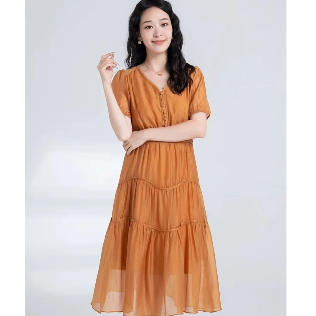 【W250橘色】2025优雅百搭款夏季短袖中长款裙女