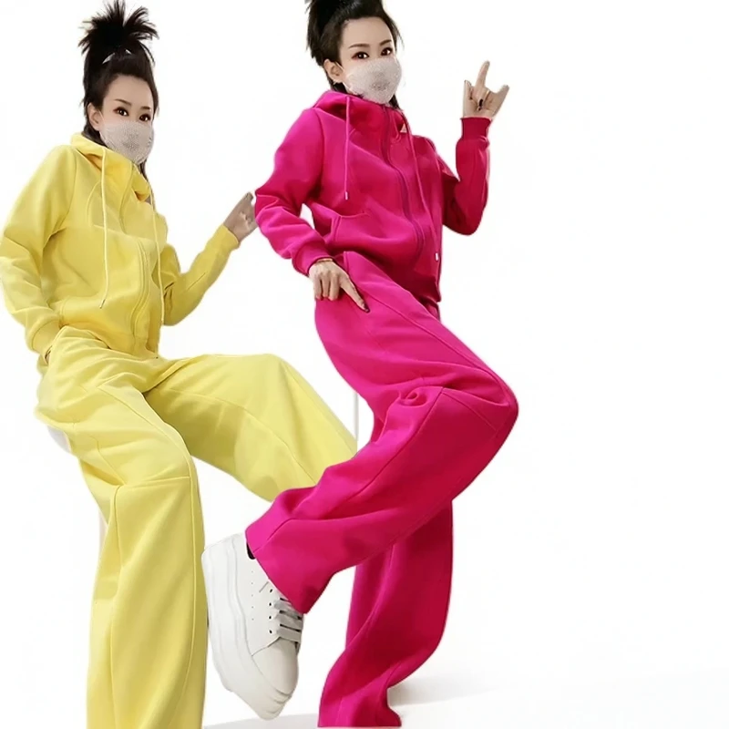 2025连帽减龄秋季新款纯色炸街弯刀裤洋气宽松休闲运动套装爆款