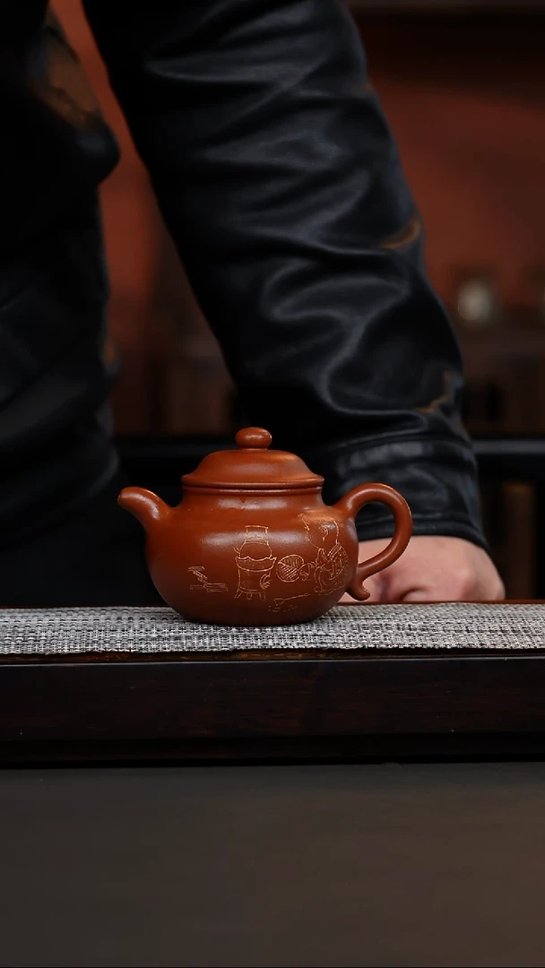 茶壶紫砂赵庄鹅黄朱泥刻绘莲子