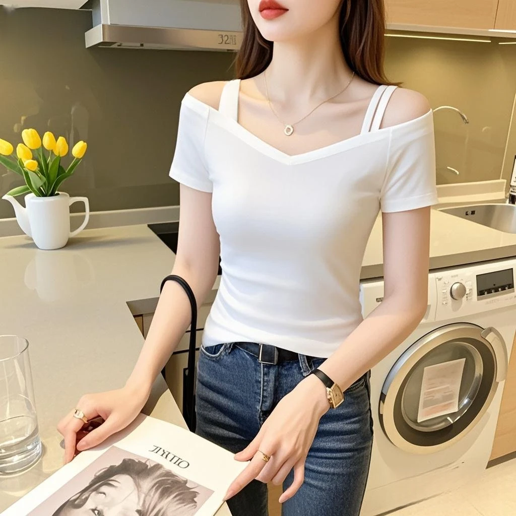 露肩上衣显瘦V领女士黑色一字肩T可露丽风韩版不规则短袖夏天衣服