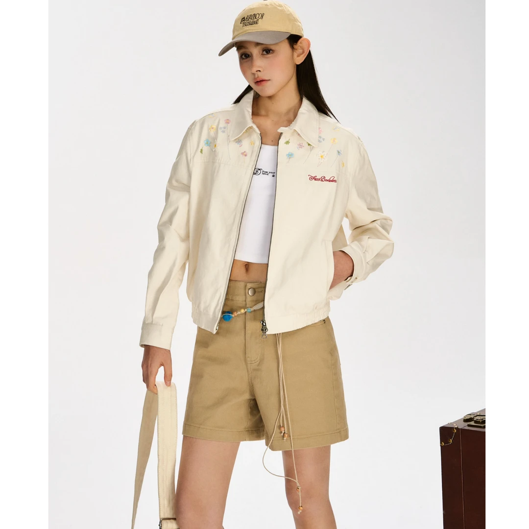 F426春季时尚休闲短款彩色立体小花刺绣翻领外套6566