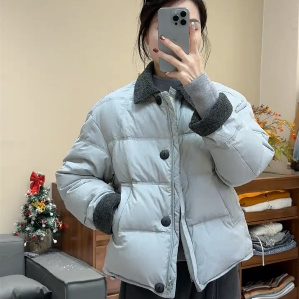 拼接撞色设计感翻领棉服女2025冬季新款短款加厚保暖小个子外套潮