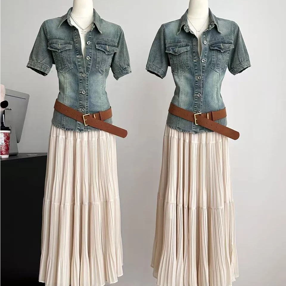 2025夏新款文艺复古牛仔外套收腰正肩上衣压褶垂感半身裙女