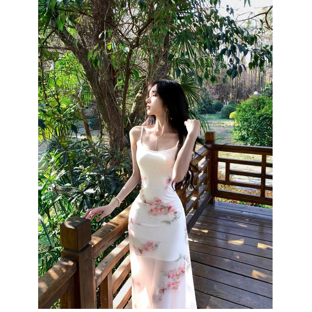 pinkmoon法式纯欲网纱玫瑰吊带连衣裙子女设计感修身气质包臀长裙