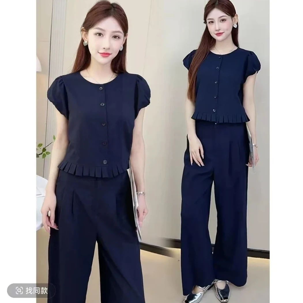 夏季时尚小个子穿搭套装设计感短上衣显高阔腿裤两件套