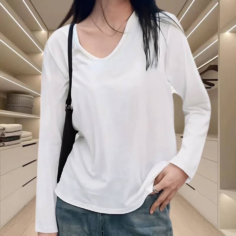 2025宽松显瘦洋气轻熟风白色U领t恤长袖女装内搭上衣打底衫春秋潮