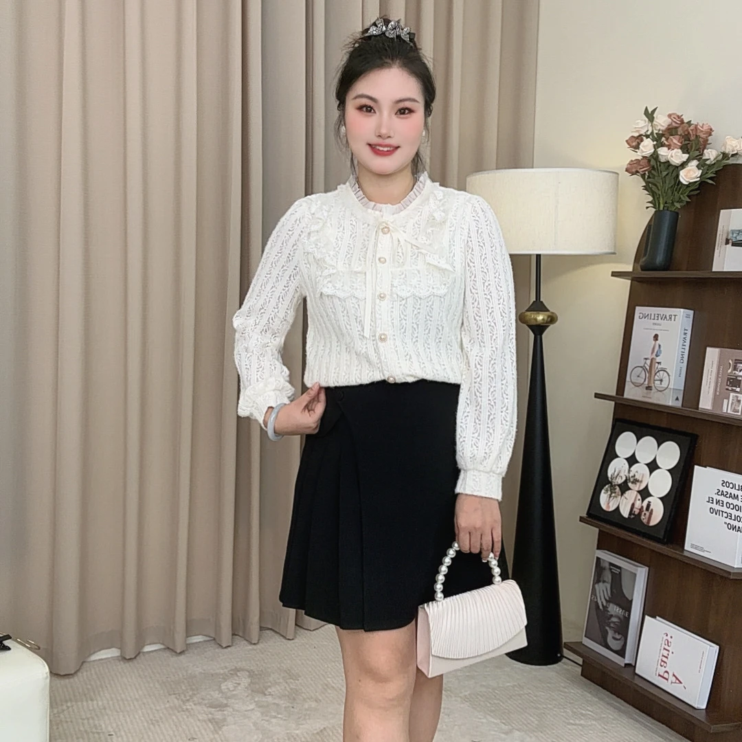大码女装2024胖mm秋季高端洋气显瘦法式小香风蝴蝶结蕾丝衬衫