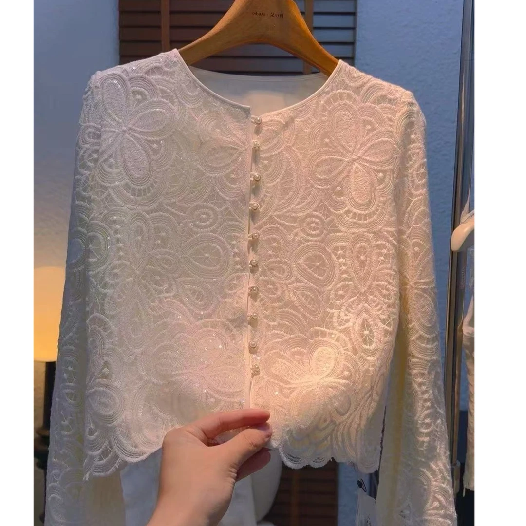 E083高级感法式蕾丝镂空提花衬衫女