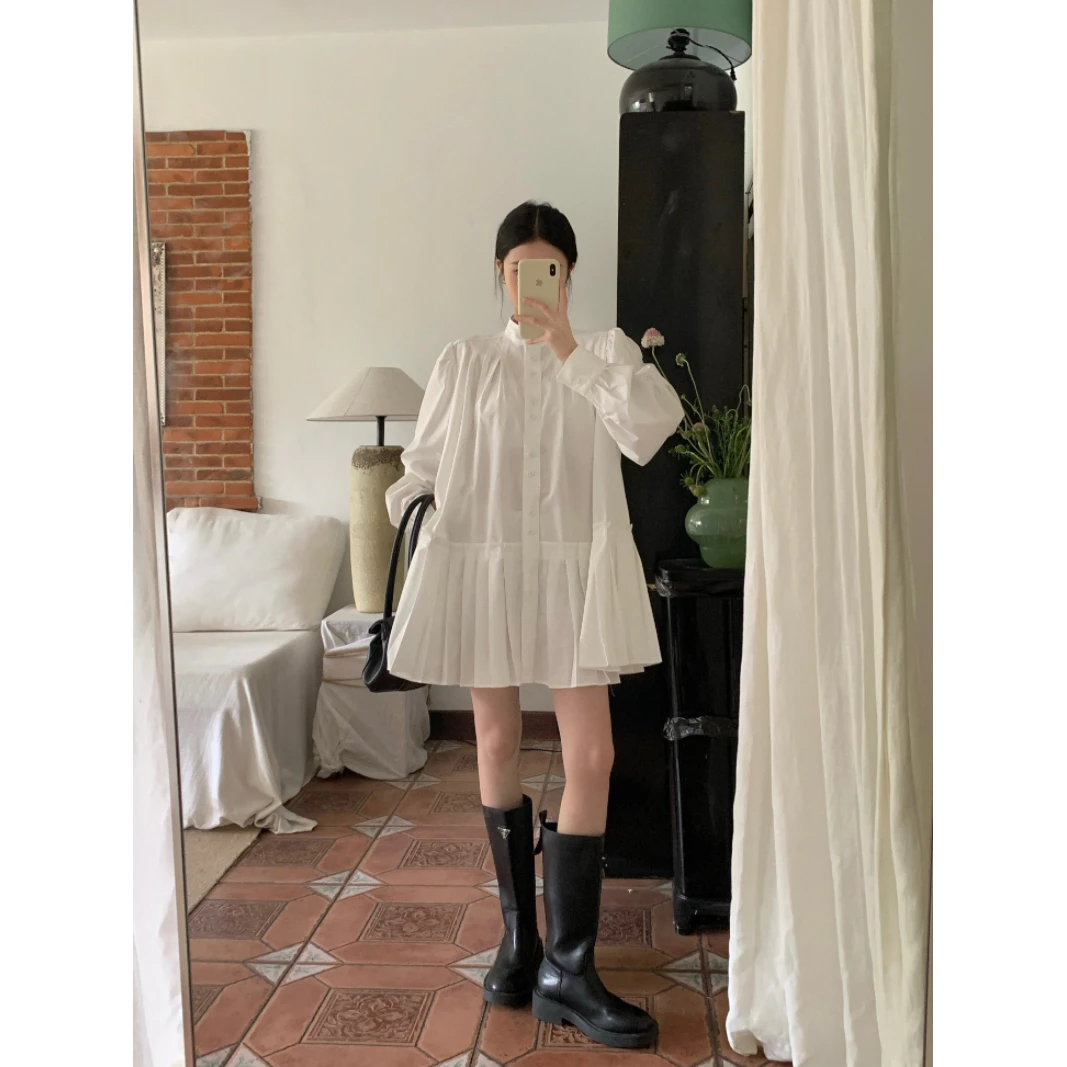 设计感不规则春秋甜辣风长袖衬衫连衣裙韩系a字拼接百褶裙女潮