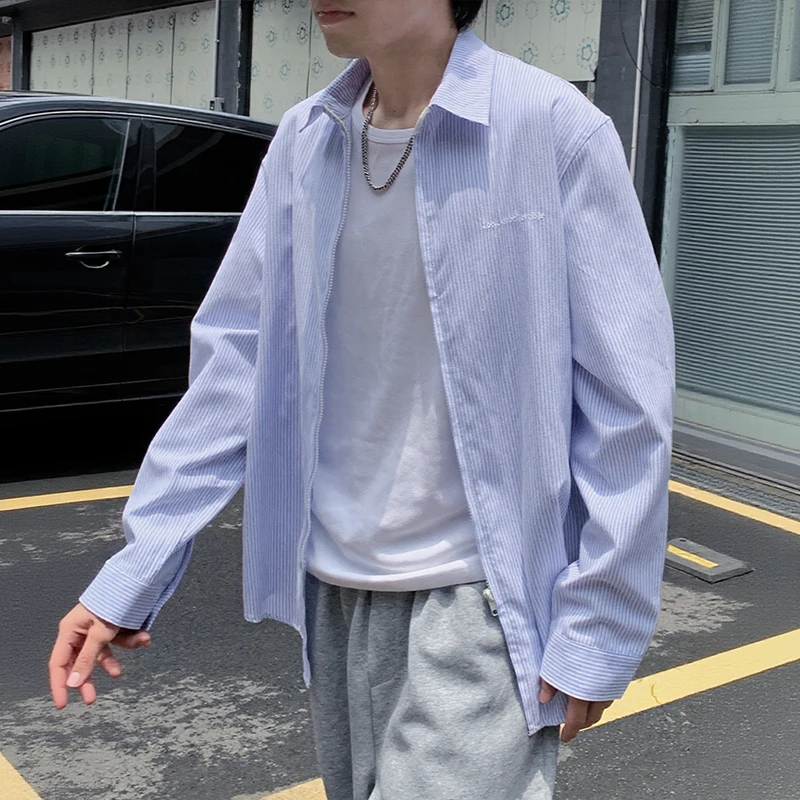 Lookun 连雨 清新蓝白衬衫长袖男士拉链情侣简约百搭春夏休闲ins