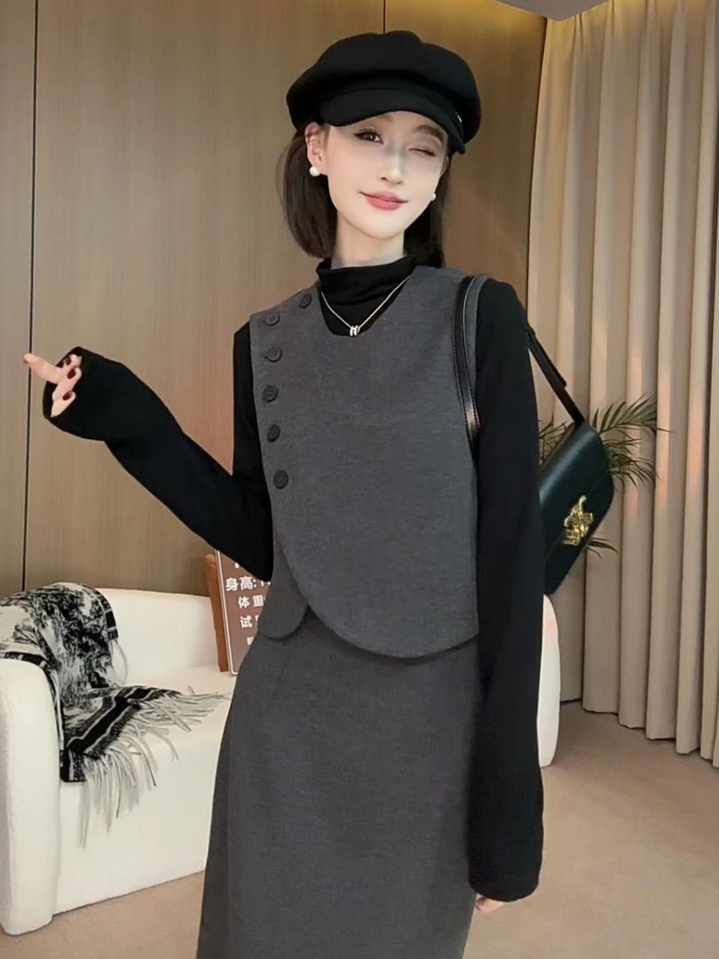 韩系搭配整套女秋冬装3155时尚高级感马甲+半身裙显瘦气质三件套