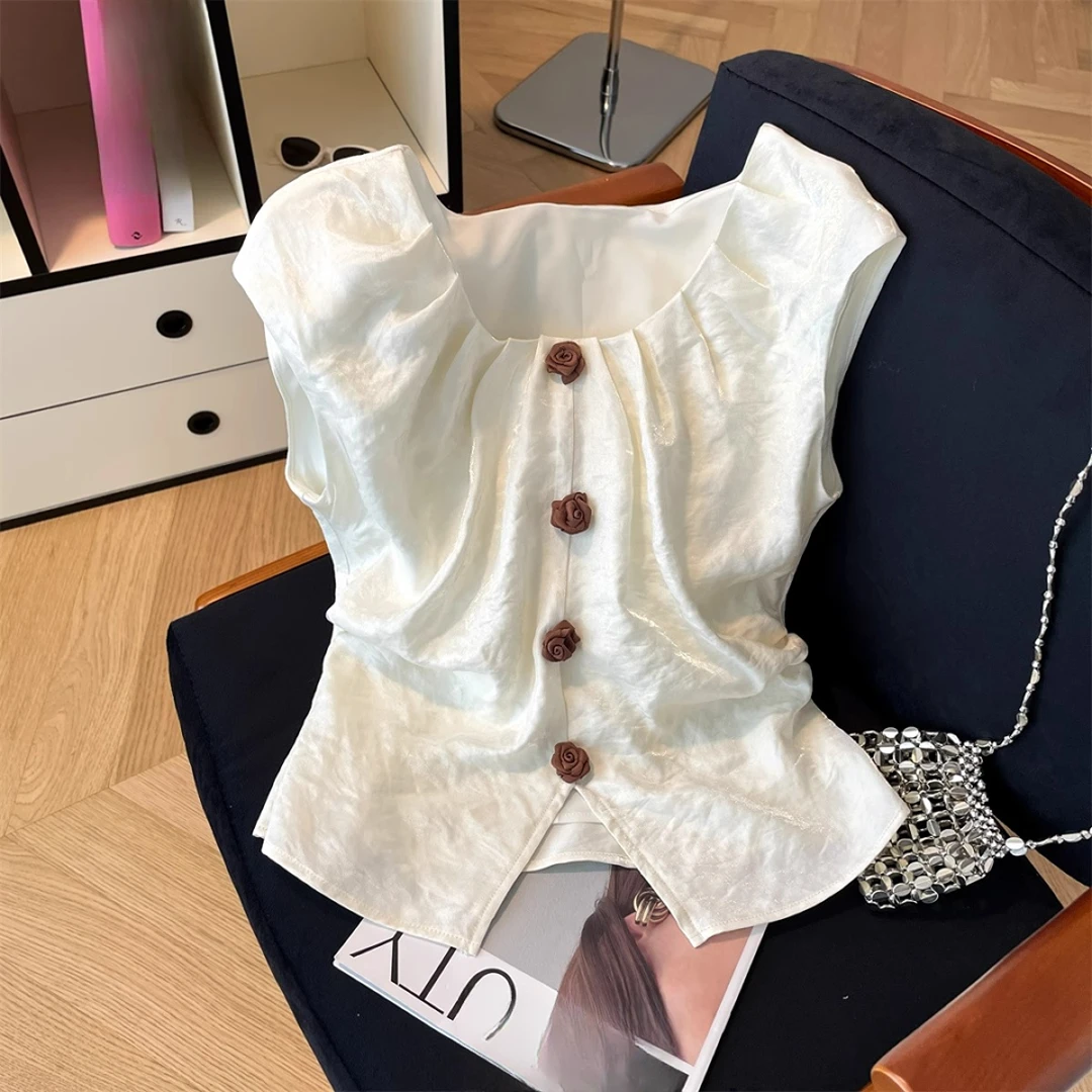 法式高级感提花无袖上衣女装2025夏季新款设计感小众洋气开叉衬衫