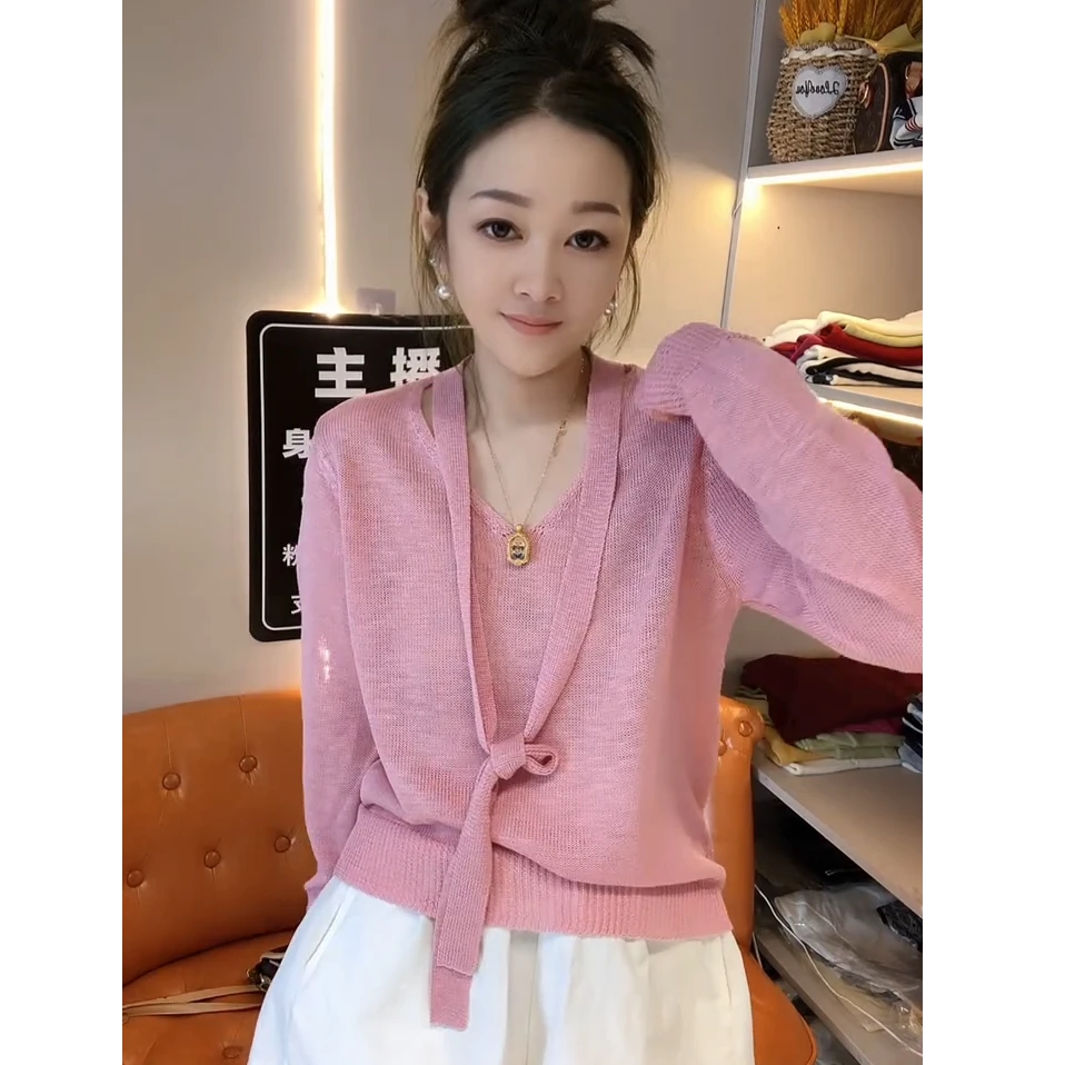 今年夏天超火爆款穿搭休闲2025新款韩版气质百搭减龄系带针织衬衫