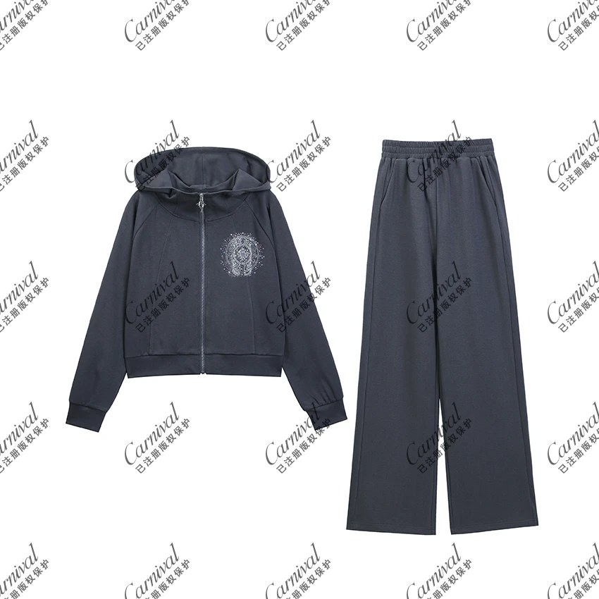 新款宽松重工烫钻设计拉链休闲百搭连帽宽松休闲运动套装J5819#