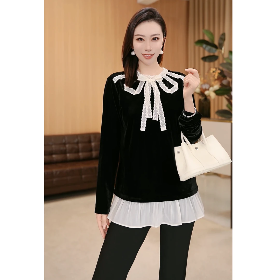 林果&季得 【周末情人】时尚丝绒拼接气质百搭女士长袖款上衣