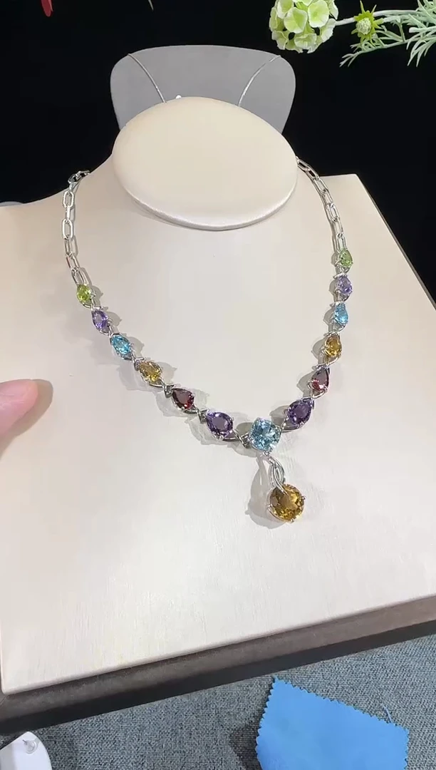 银S925镶嵌颈饰水晶11mm多彩宝项链高级款