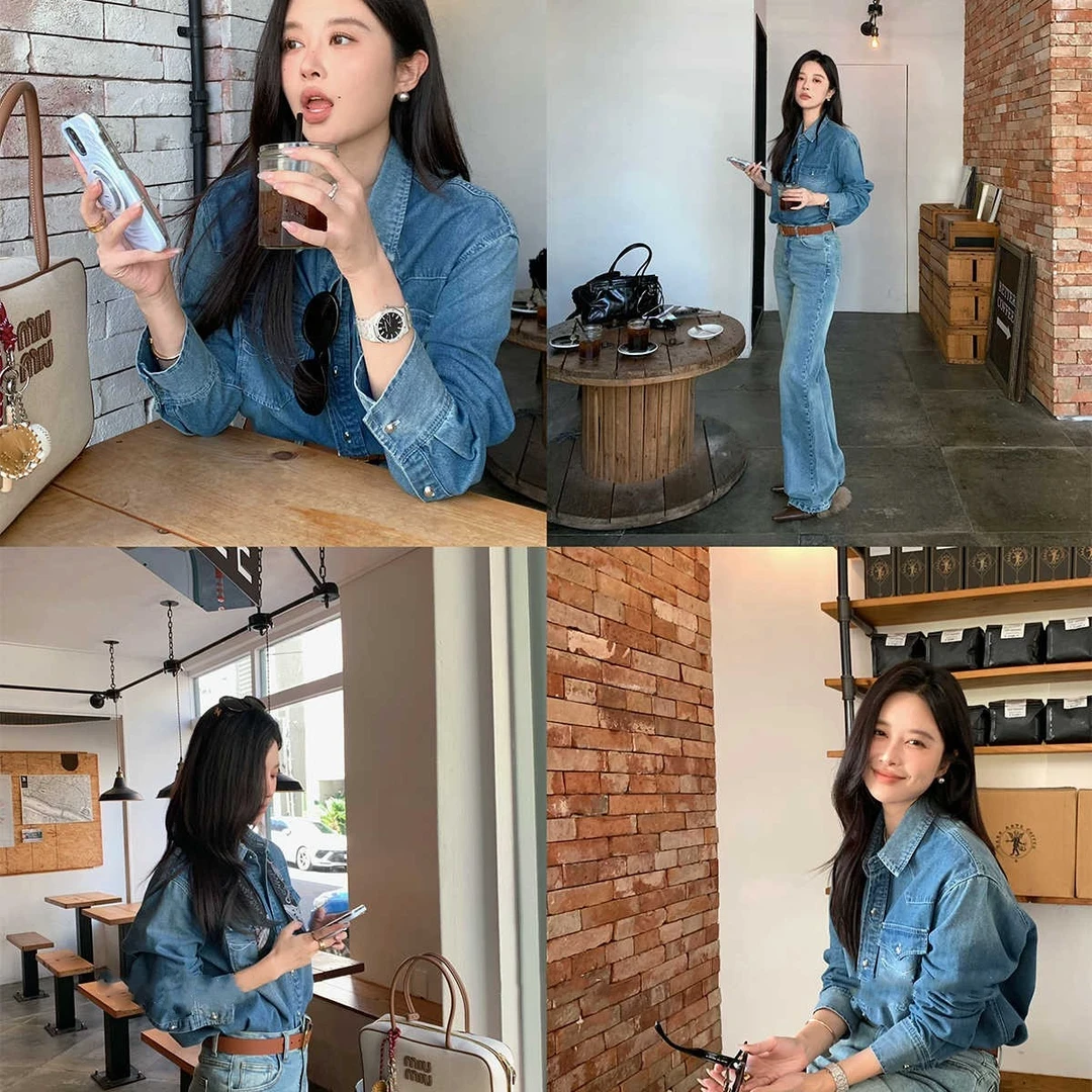 时尚气质靛蓝牛仔衬衣外套女春秋叠穿港风复古牛仔衬衫女长袖内搭