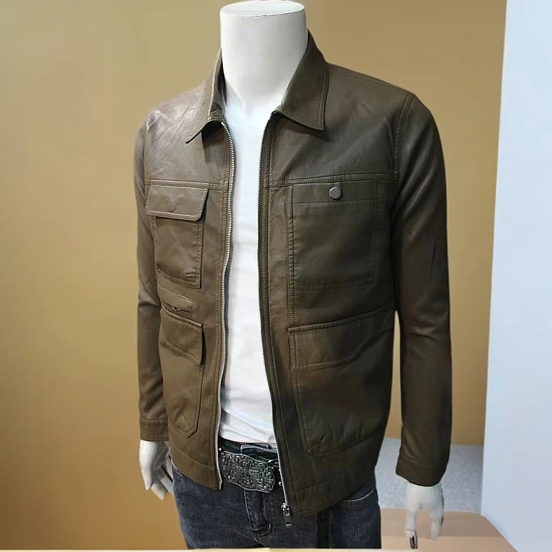 【2301咖色】短款立领春秋季四季通用皮衣薄款男休闲商务帅气男款