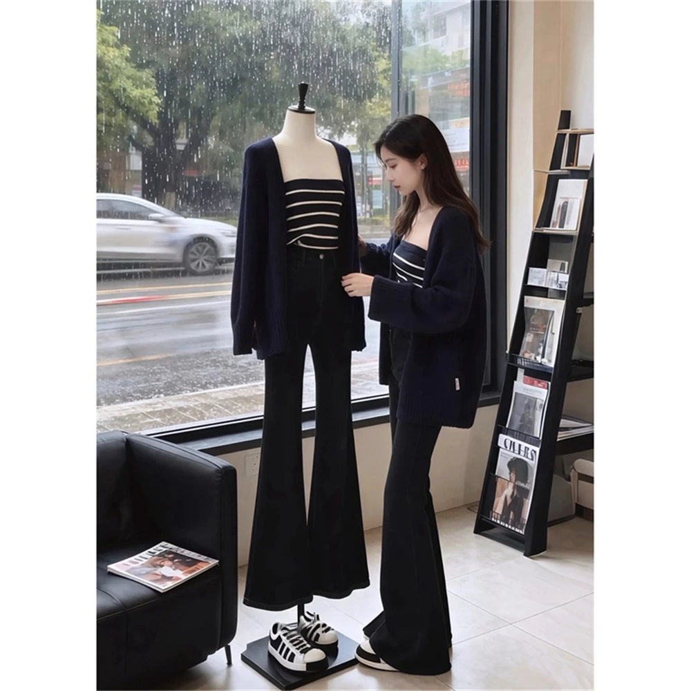 韩系复古风套装女慵懒宽松开衫巨好看早秋新款修身背心裤子三件套