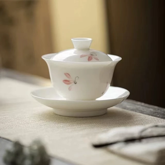 懂茶帝-玉瓷粉秋水兰花三才盖碗150ml